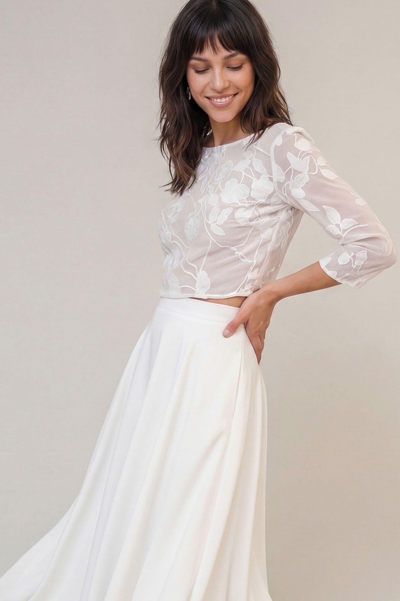 noni-selva-gemustertes-braut-top-mit-chiffon-und-dreiviertel-rmeln image 1